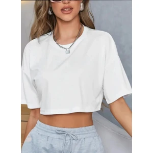 Kadın Crop Baskısız Düz Oversize Salaş T-Shirt