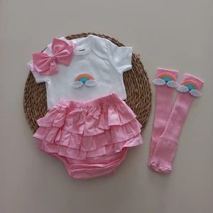 Mars Baby Kız Bebek Pembe Gökkuşaklı Fırfır Şort Etek Bodyli Çorap Takımı