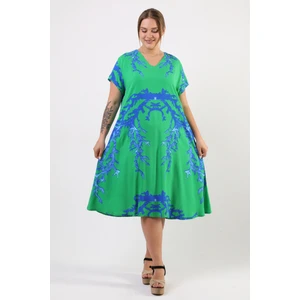 Yazlık Büyük Beden Viskon  V Yaka Kısa Kol Elbise 2688