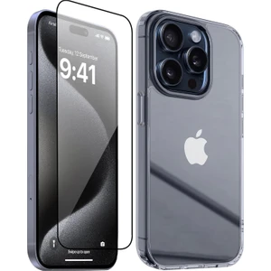 iPhone 15 Pro Max 2'in 1 Set Şeffaf Silikon Kılıf + Esd Temperli Cam Ekran Koruyucu