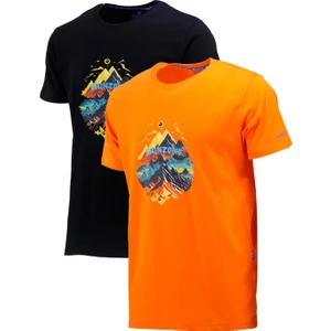 Erkek Mevsimlik Göğüs Baskılı Standart Fit Turuncu Siyah 2'li Set T-Shirt