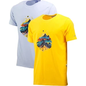 Erkek Bisiklet Yaka Mevsimlik Göğüs Baskılı Sarı Mavi 2'li Set T-Shirt