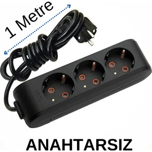 3'lü Üçlü Priz Topraklı Kablolu Siyah 1 (Bir) Metre