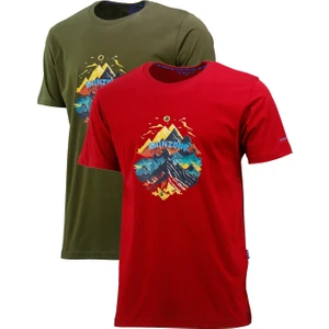 Erkek Mevsimlik Göğüs Baskılı Standart Fit Bordo Haki 2'li Set T-Shirt