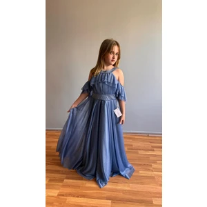 Taha Kids Taşlı Hayal Tül Kız Çocuk Abiye Indigo Mavi