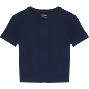 Kısa Kol Basic Crop Tişört Lacivert