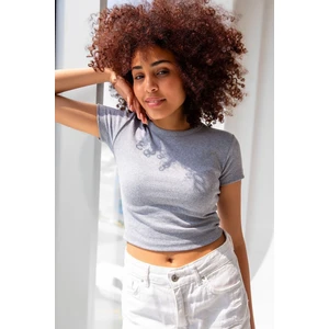 la & vetta Kadın Gri Fitilli Bisiklet Yaka Basic Crop T-Shirt