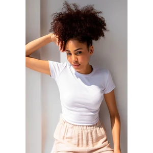 la & vetta Kadın Gri Fitilli Bisiklet Yaka Basic Crop T-Shirt