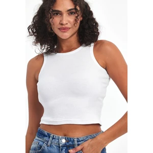Kadın Beyaz Fitilli Görünümlü Askılı Kalın Esnek Örme Basic Crop Atlet Bluz CMRB93