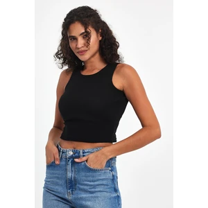 Kadın Siyah Fitilli Görünümlü Askılı Kalın Esnek Örme Basic Crop Atlet Bluz