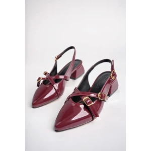 BA04532 Bordo Kadın Rugan Çapraz Kemer Tokalı Günlük 4cm Topuklu Ayakkabı - Bordo - 39