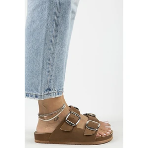 Irene Eskitme Kadın Deri  Deri Çift Tokalı Kahve Gümüş Terlik