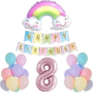 Parti Furyası Makaron Gökkuşağı Doğum Günü 8 yaş Parti Seti,rakam,gökkuşağı Folyo,banner ve 15 Adet Balon