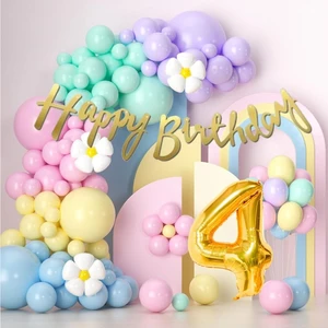 Parti Furyası Makaron Balonlar 4 yaş Doğum Günü Konsepti Rakam Folyo Banner ve 50 Balonlu Süsleme Seti Parti Eğlence Kutlama