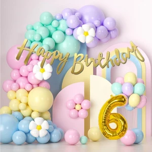 Parti Furyası Makaron Balonlar 6 yaş Doğum Günü Konsepti Rakam Folyo Banner ve 50 Balonlu Süsleme Seti Parti Eğlence Kutlama