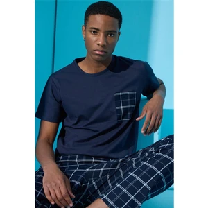 Pijama Evi Lacivert Double Çizgi Ekose Desenli Kısa Kollu Erkek Pijama Takımı