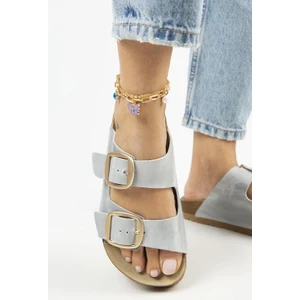 Irene Eskitme Kadın Deri  Deri Çift Tokalı Buz Gold Terlik