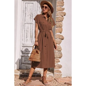 Kahverengi Gömlek Yaka Uzun Elbise MG1743