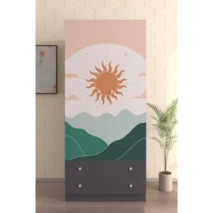 Hediyeler Kapında Çocuk Odası 2 Kapaklı Daylight Gardırop  5 Raflı 2 Çekmeceli Askılı Elbise Dolabı