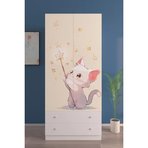 Hediyeler Kapında Çocuk Odası 2 Kapaklı Cosmic Kitty Gardırop  5 Raflı 2 Çekmeceli Askılı Elbise Dolabı