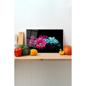 Renkli Çiçekler Cam Kesme Tahtası, Silikon Ayaklı, Sunum Kesim Doğrama Tablası, Temperli ve Rodajlı