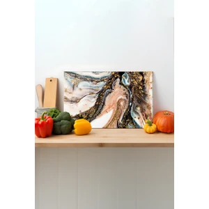 Gold Mermer Cam Kesme Tahtası, Silikon Ayaklı, Sunum Kesim Doğrama Tablası, Temperli ve Rodajlı