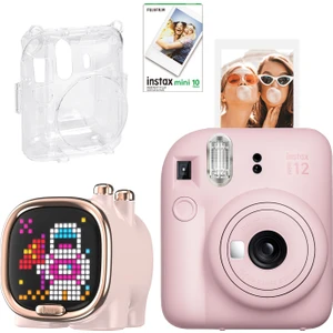 Mini 12 Pembe Fotoğraf Makinesi-10'lu Film-Şeffaf Kılıf ve Divoom Zooe LED Ekranlı Bluetooth Hoparlör Seti