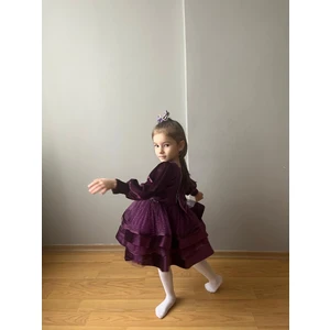 Taha Kids Kadife Çocuk Abiye Elbise Mürdüm