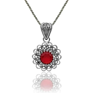 Ocak Lal Doğum Taşı Çiçek Motifli Telkari Gümüş Kolye