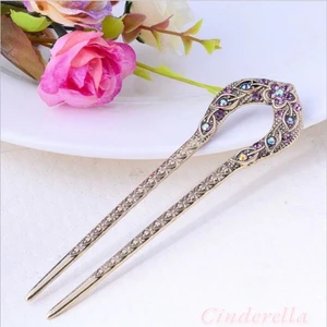 Vintage 1. Sınıf Mor Taşlı Işlemeli Kalp Detaylı Metal Topuz Tokası - Çubuk Saç Topuz Tokası