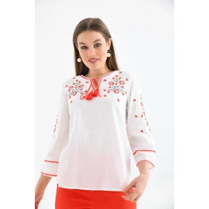 Bisiklet Yaka Bağlama Detay Etnik Nakışlı Bluz
