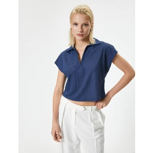 Basic Gömlek Yaka Tişört Crop Kısa Kollu