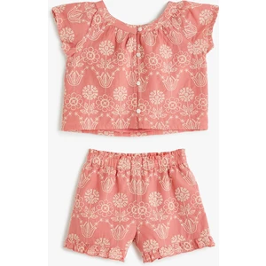 Çiçek Işlemeli Şort Tişört Takım Pamuklu