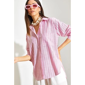 Kadın Tek Cepli Çizgili Oversize Gömlek