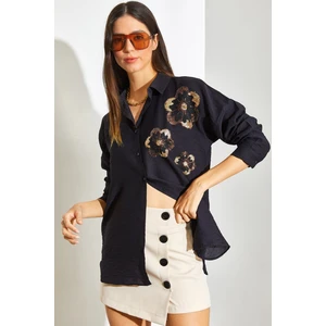 Kadın Pul Payet Işlemeli Keten Ayrobin Gömlek