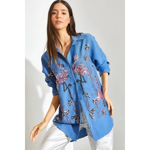 Kadın Flamingo Pul Nakışlı Sofya Keten Gömlek