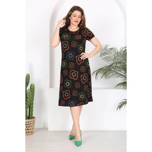 Mooi XXL Kadın Siyah Neon Çiçek Desen Midi Elbise