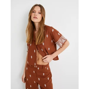 Crop Gömlek Etnik Desenli Kısa Kollu Düğmeli