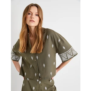 Crop Gömlek Etnik Desenli Kısa Kollu Düğmeli