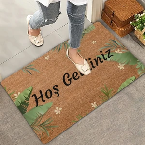 Valerine Life Tropikal Yaprağı ve Beyaz Hatmi Çiçeği Hoş Geldiniz Kapı Önü Paspası 45X70CM