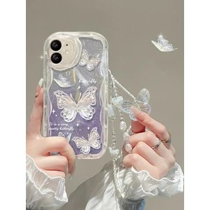 iPhone 11 ile Uyumlu Simli Baskılı Kelebek Parıltılı Bileklikli Çizilmez Darbeye Dayanıklı Kılıf