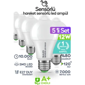 Hareket Sensörlü LED Lamba 5 Adet Ampül Beyaz Işık 12W A++ %80 Tasarruflu Otomatik Yanıp Söner