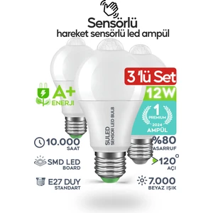 Hareket Sensörlü LED Lamba 3 Adet Ampül Beyaz Işık 12W A++ %80 Tasarruflu Otomatik Yanıp Söner