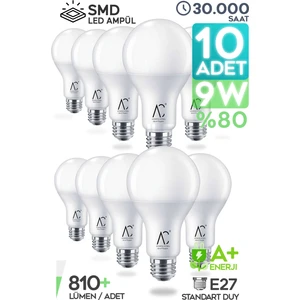 LED Ampül 10 Adet 9W Smd Süper LED Beyaz Işık 810LM 6500K Tasarruflu Lamba