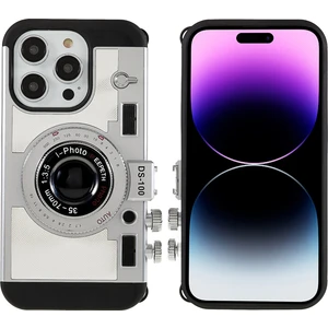 iPhone 15 Pro Için Boyun Askılı Kılıf Pu Deri+Tpu+Pc Vintage Kamera Tasarımlı Arka Kapak - Beyaz (Yurt Dışından)