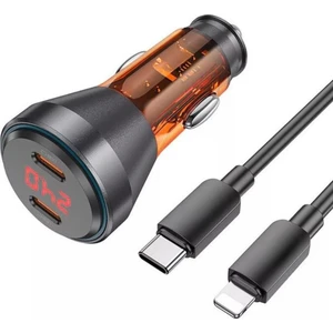 Super Şarj  Dijital Göstergeli Çift Type-C Girişli PD60W Araç Şarjı ve Iphone Şarj Kablosu