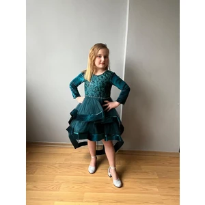 Taha Kids Kuyruklu Kadife Çocuk Abiye Elbise Yeşil