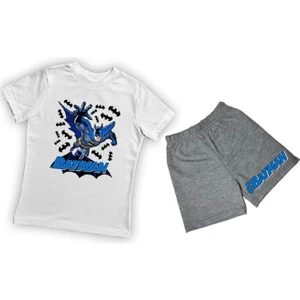 Unisex Batman Baskılı Pamuklu Kumaş Kısa Kollu Şortlu Ikili Çocuk Takımı