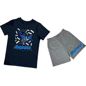 Unisex Batman Baskılı Pamuklu Kumaş Kısa Kollu Şortlu Ikili Çocuk Takımı