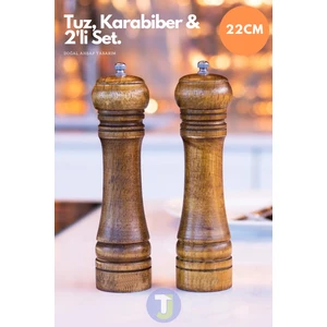 2 Adet Doğal Ahşap Karabiber Tuz Kahve Baharat Öğütücü Ahşap Değirmen Tuzluk Biberlik 2li Set 22CM